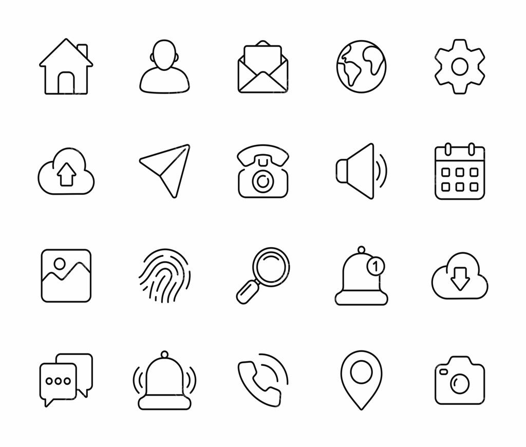 مجموعه آیکون‌های خطی رابط کاربری برای وب و موبایل با پس‌زمینه سفید