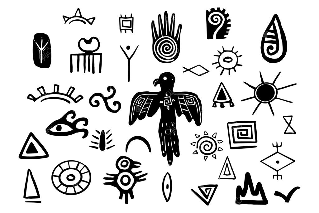 عناصر ابتدایی سنتی آزتک با سبک دودل، چاپ بومیان مکزیکی، مجموعه‌ای از نمادهای تاتم، جدا شده بر روی زمینه سفید.