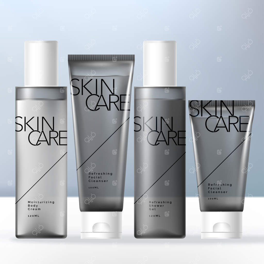 بسته‌بندی لوازم بهداشتی مردانه با بطری‌ها و تیوب‌های مشکی نیمه‌شفاف