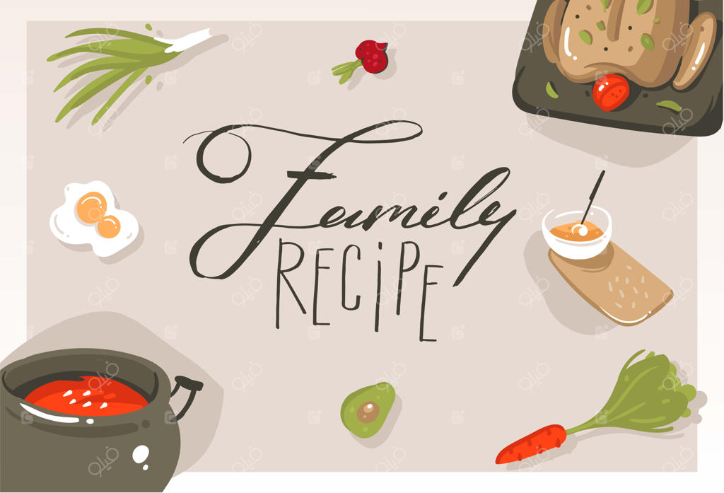 طرح‌های مفهومی کلاس آشپزی کارتونی مدرن به صورت وکتور دستی با غذا، سبزیجات و کالگرافی دست‌نویس دستور خانواده بر روی زمینه خاکستری
