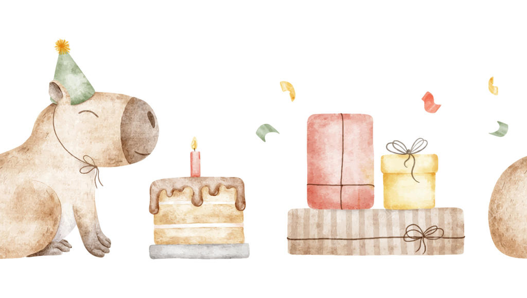کاپیبارا با کلاه مهمانی در میان هدایا و کیک‌های رنگارنگ و کاغذپاش. بنر جشن تولد شاد. حاشیه‌ی آبرنگی بی‌وقفه از خوکچه هندی برای طراحی تولد، سالگرد و جشن‌ها