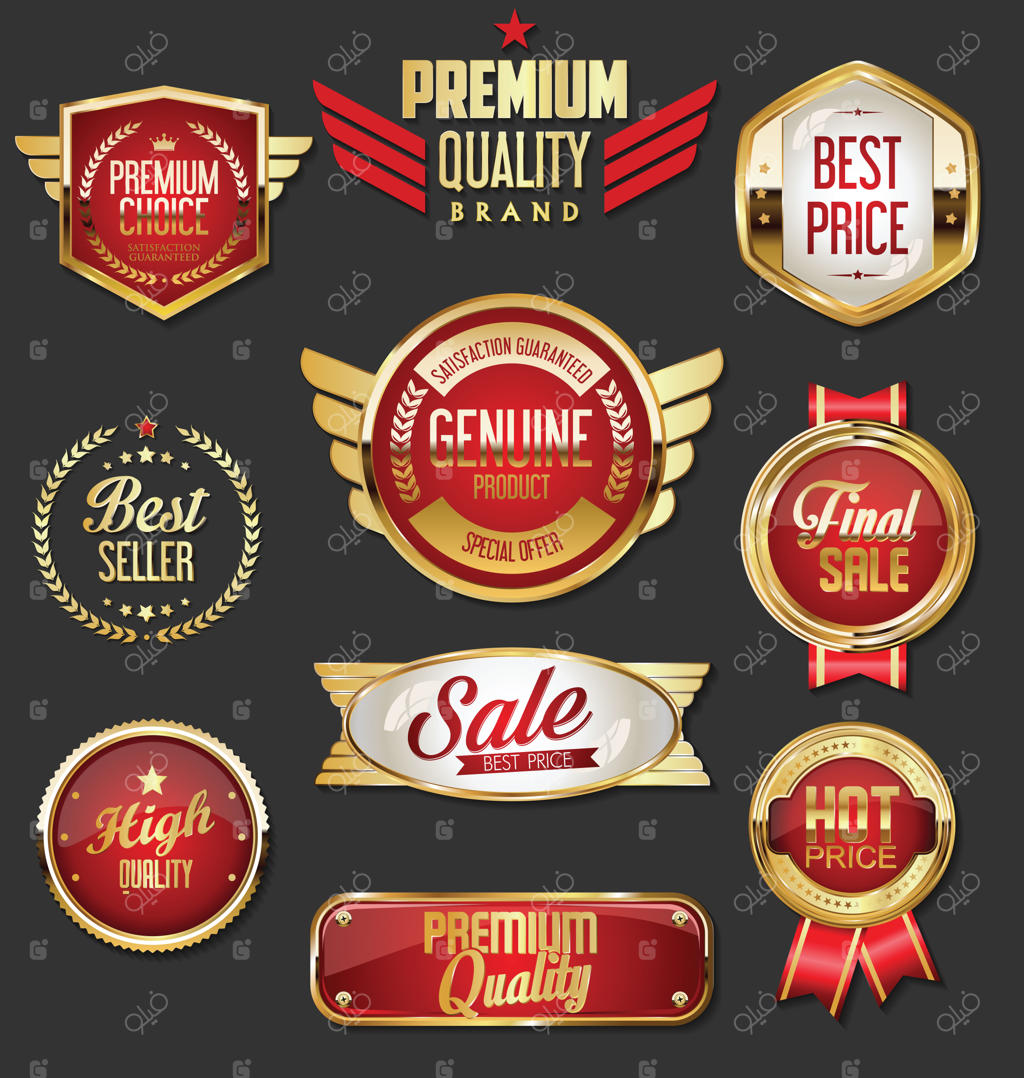 مجموعه‌ای از نشان‌های طلایی و قرمز با سبک رترو