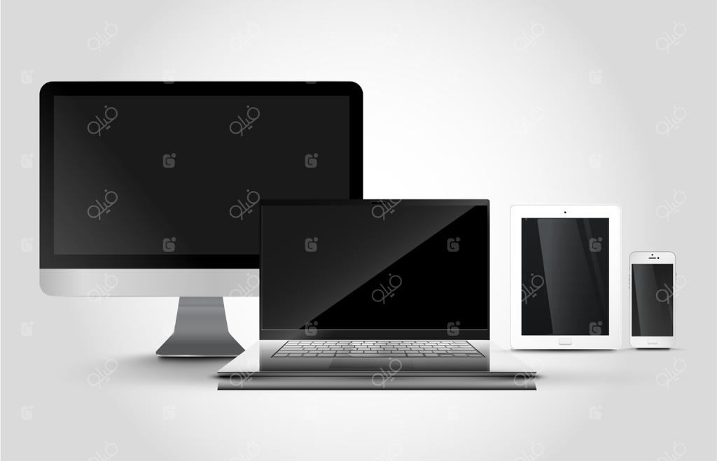 تصویرسازی وکتور واقع‌گرایانه از گوشی هوشمند، تبلت، نوت‌بوک و کامپیوتر