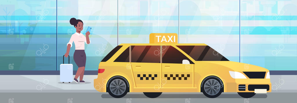 زن تاجر در حال استفاده از اپلیکیشن موبایل برای سفارش تاکسی - زن با لباس رسمی و چمدان در نزدیکی تاکسی زرد - خدمات حمل و نقل شهری