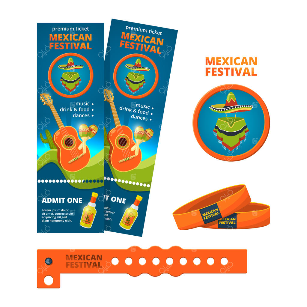 قالب بلیط و دستبند ورودی کنسرت یا جشنواره - بلیط برای مراسم کنسرت و دستبند برای جشنواره موسیقی مکزیکی