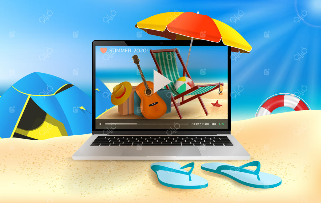 تعطیلات تابستانی: تصویر واقعی در ساحل و آنلاین. لپ‌تاپ، چتر ساحلی، گیتار، توپ ساحلی.