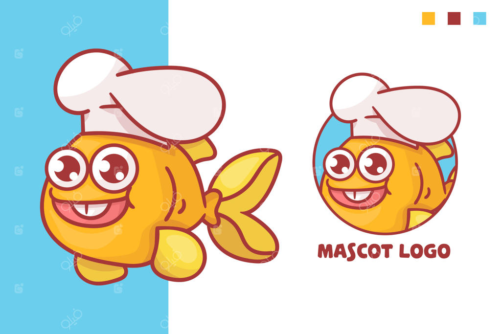 مجموعه‌ای از لوگوی ماهی سرآشپز بامزه با ظاهر اختیاری، کاوایی