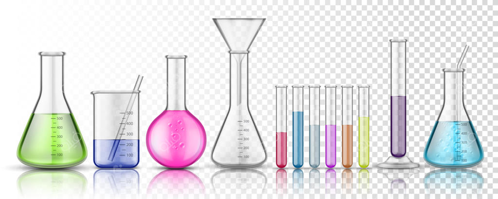 مجموعه ظروف شیشه‌ای آزمایشگاهی شامل بالن و بطری، جدا شده در پس‌زمینه شفاف