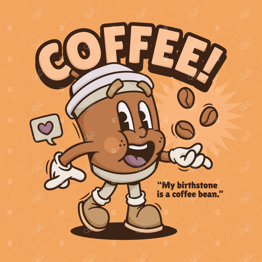 شخصیت کارتونی فنجان قهوه بامزه در حال بازی با دانه‌های قهوه