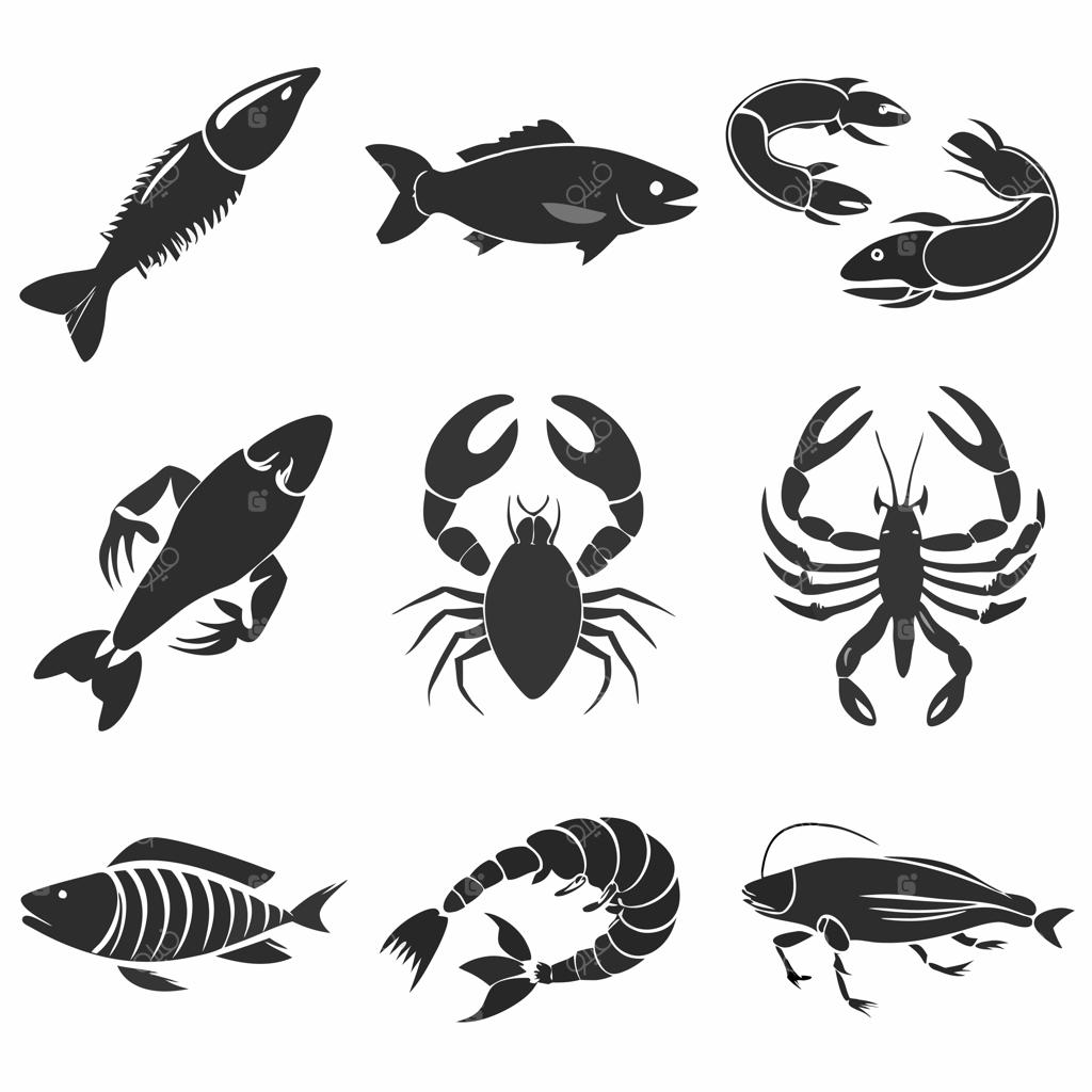 آیکون‌های غذاهای دریایی، هشت‌پا، خرچنگ، کالاماری، خاویار و سفره‌ماهی