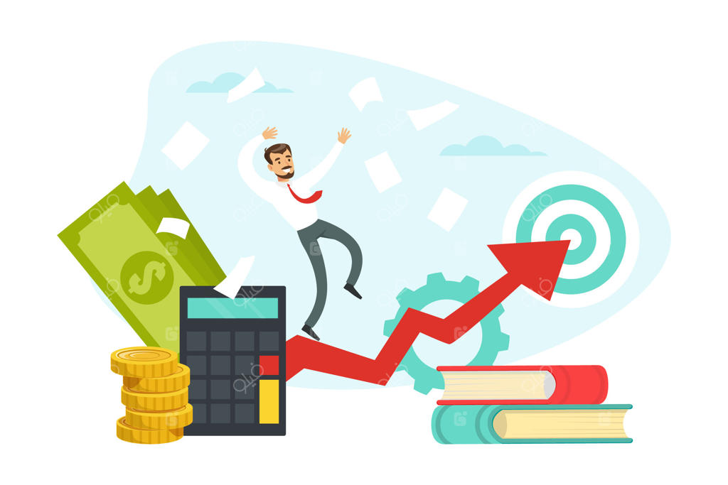 تاجر پرانرژی با کروات قرمز در حال دویدن روی پیکان - تصویرسازی