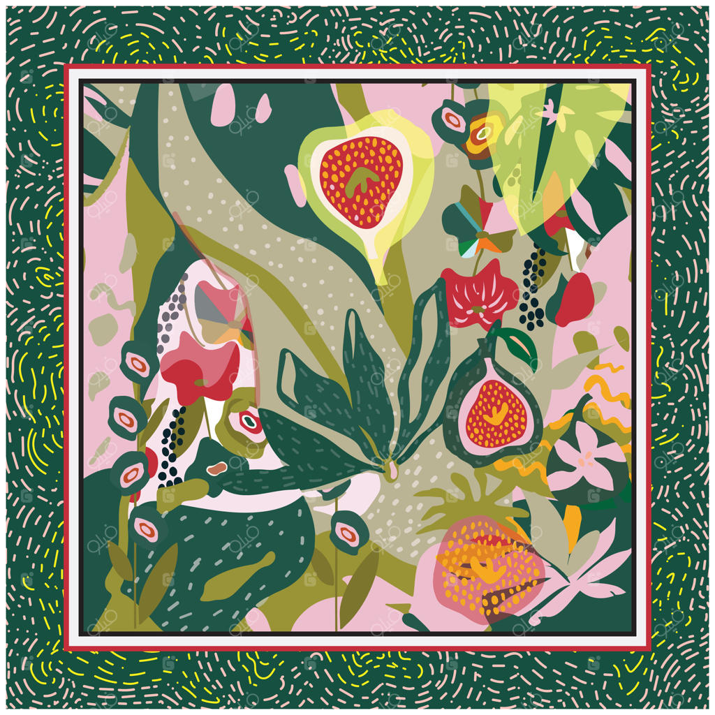 باغی گرمسیری و سرزنده به سبک آبستره: برگ‌های سبز با نقاط سفید که در هم تنیده و پیچ و تاب می‌خورند، حس عمق و حرکت را ایجاد می‌کنند. گل‌های قرمز و صورتی زنده در میان سرسبزی شکوفا شده‌اند.