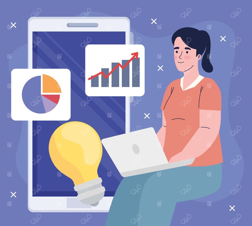 زن تاجر با آمار در گوشی هوشمند