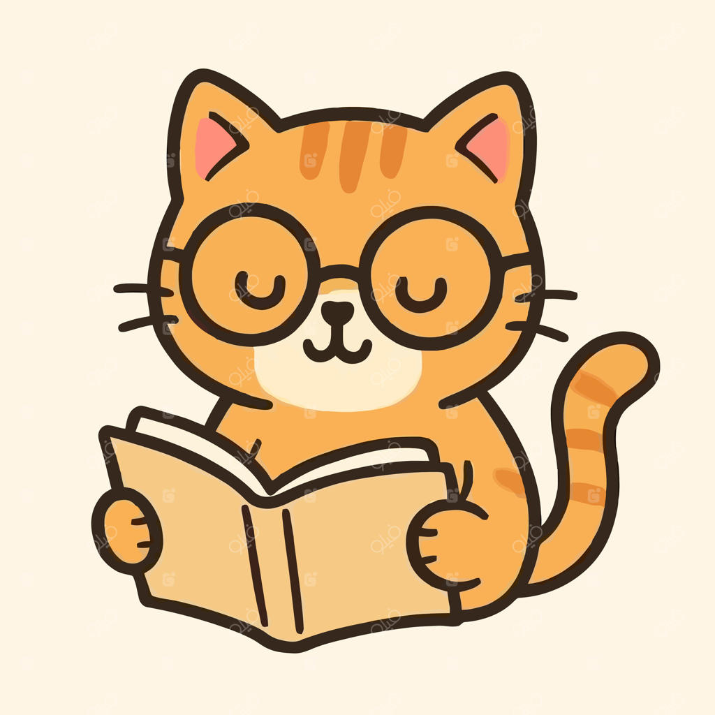 گربه نارنجی با عینک در حال خواندن کتاب - طراحی کارتونی بامزه برای تم‌های آموزشی و لذت خواندن