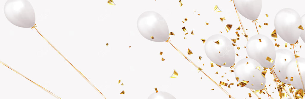 پس‌زمینه‌ای با بادکنک‌های جشن و روبان. طراحی جشن با بادکنک‌های سفید و همراه با درخشش طلایی و تزئینات درخشان. قالبی برای جشن تولد