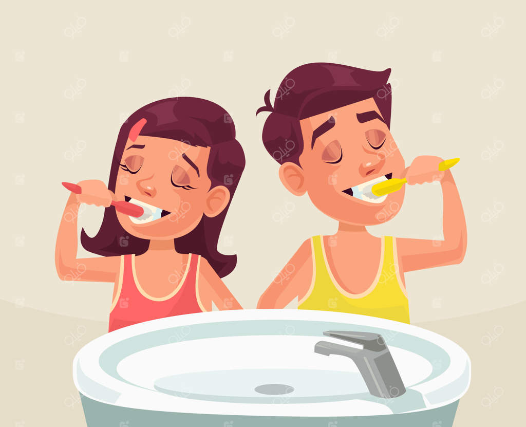 دختر و پسر در حال مسواک زدن.