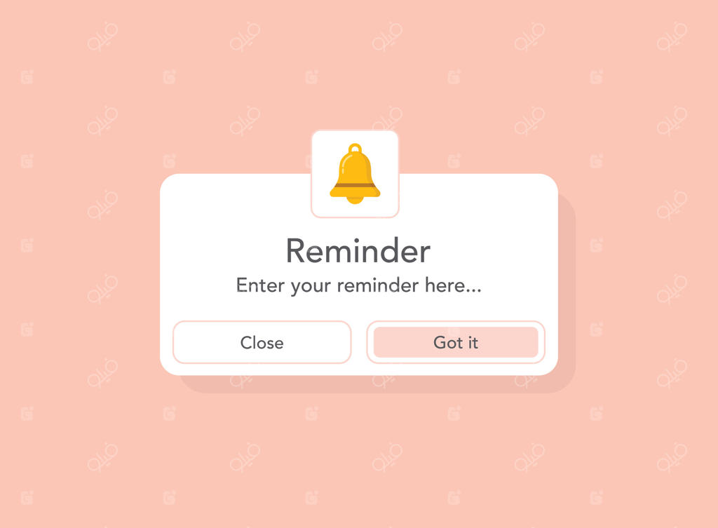 صفحه اعلان یادآوری با آیکون زنگ هشدار در سبک تخت. تصویر برداری پیام اطلاعیه رویداد در پس‌زمینه ایزوله. مفهوم کسب و کار اعلان اطلاعیه.