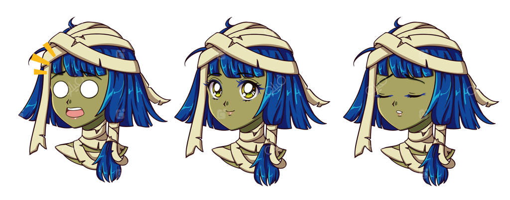 پرتره دختر مومیایی بامزه انیمه. دو حالت چهره مختلف.