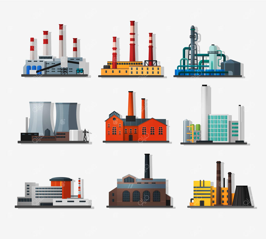 نیروگاه به سبک تخت و سایه‌دار طولانی. نیروگاه هسته‌ای و کارخانه شیمیایی، کارخانه قدیمی و نیروگاه مدرن. طراحی به سبک تخت و جزئیات دقیق.