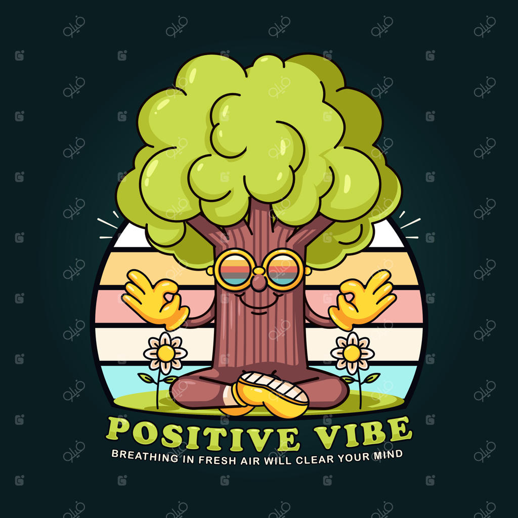 کارتون ماسکات درخت تازه در حالت مدیتیشن: مناسب برای لوگوها، ماسکات‌ها، تی‌شرت‌ها، برچسب‌ها و پوسترها