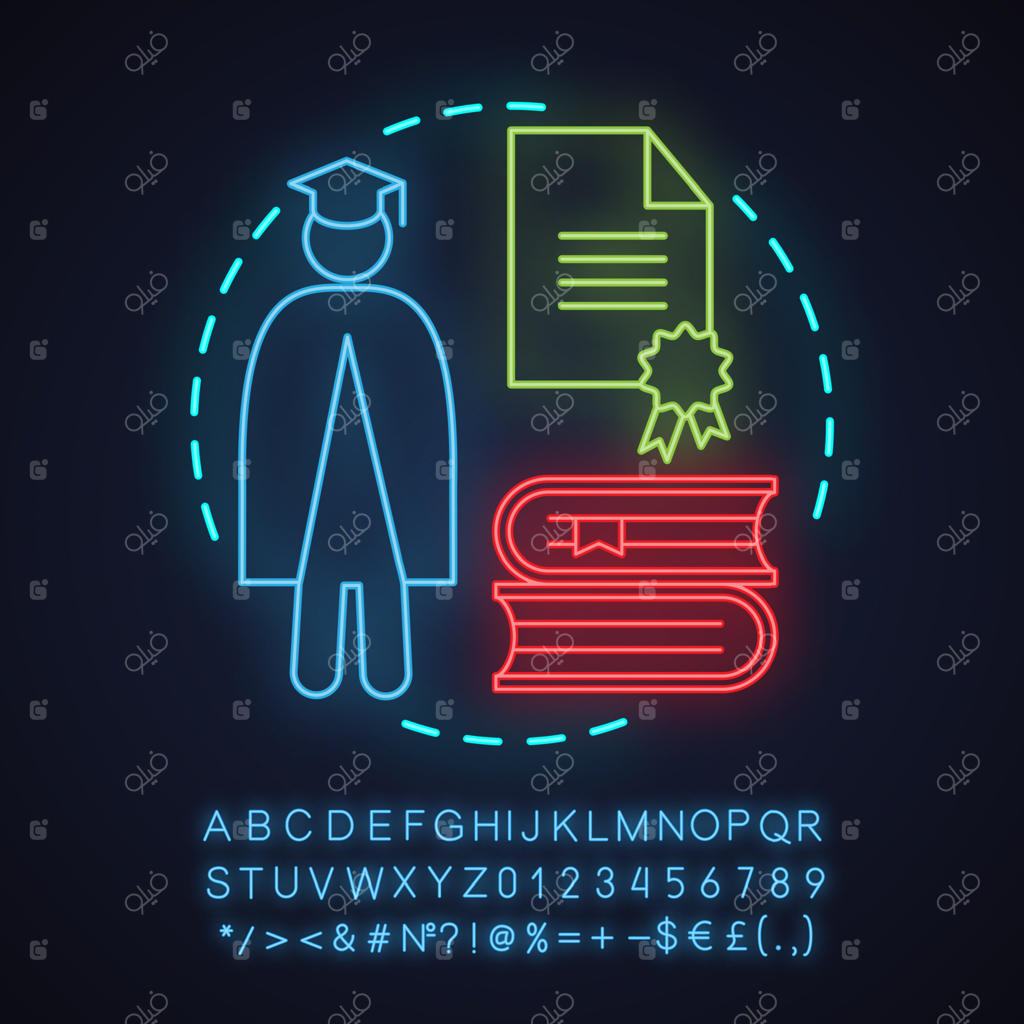 آیکون مفهومی نئونی دانشگاه؛ ایده آموزش عالی، دانشجو، مدرک و دسته کتاب‌ها، تابلوی درخشان با حروف الفبا، اعداد و نمادها، تصویرسازی وکتور