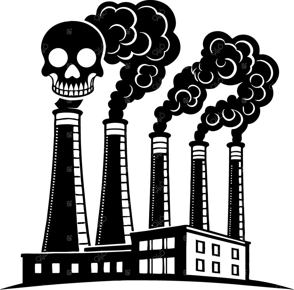 نشان جمجمه و کارخانه صنعتی با دودکش‌های آلاینده برای طرح‌های آگاهی زیست‌محیطی