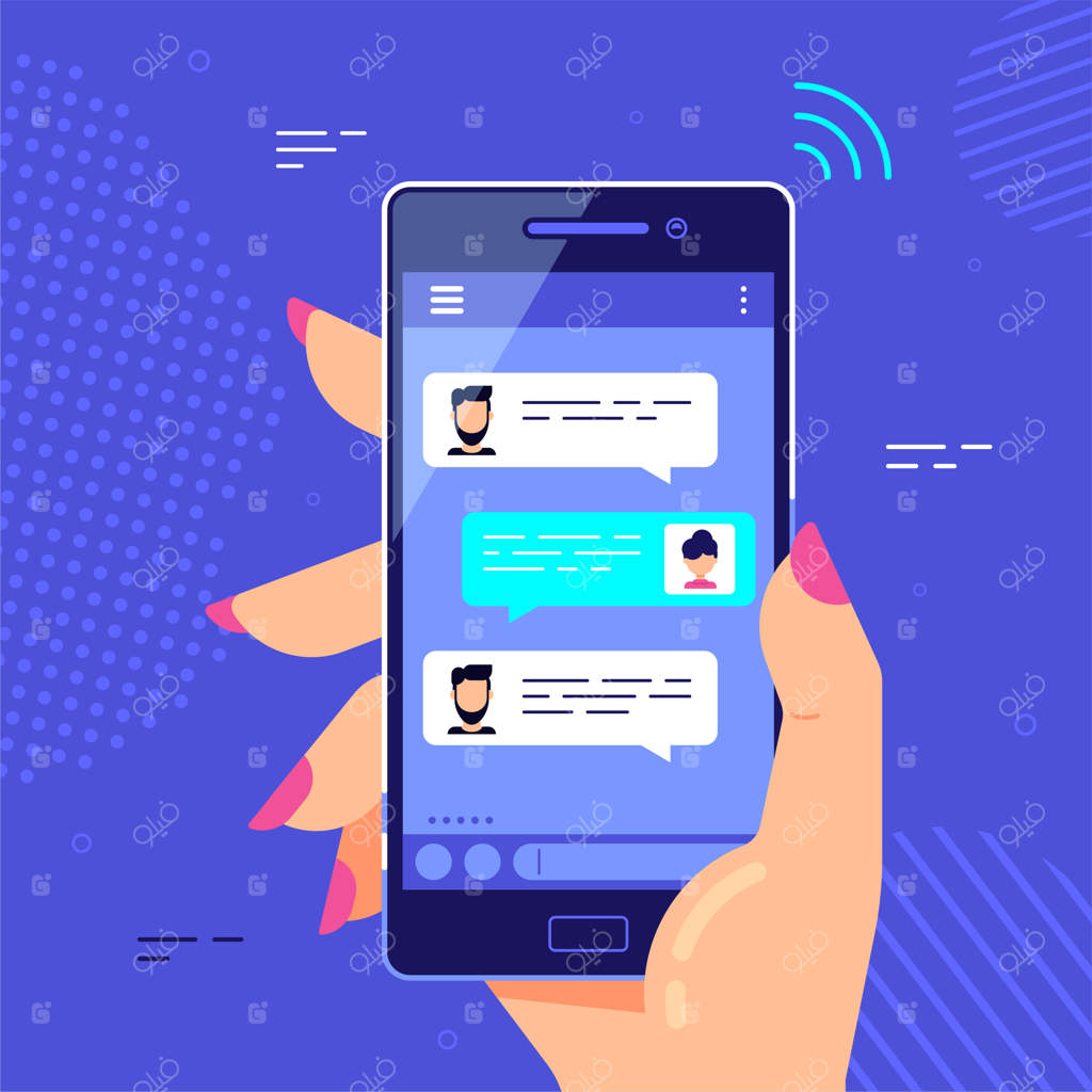 دست زنانه نگه‌دارنده گوشی هوشمند، حباب‌های گفت‌وگوی آنلاین. پیام‌رسان موبایل، فناوری‌های اینترنتی