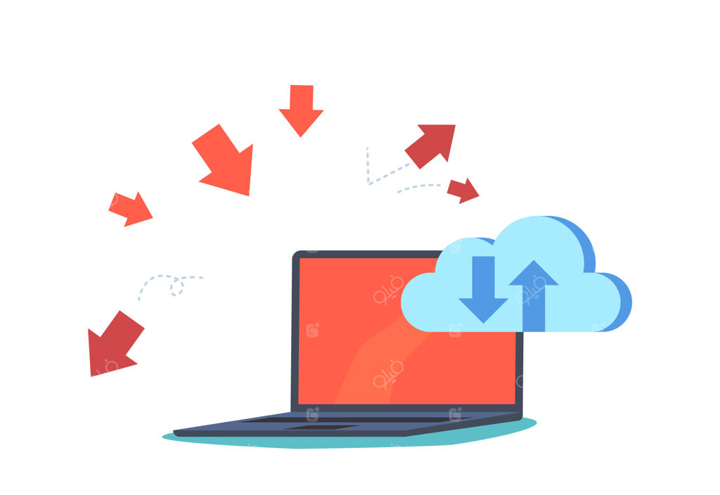 مفهوم تهدید حمله هکر و دیداس به ذخیره‌سازی ابری با لپ‌تاپ و داده‌های دیجیتال تحت حمله فلش‌های قرمز