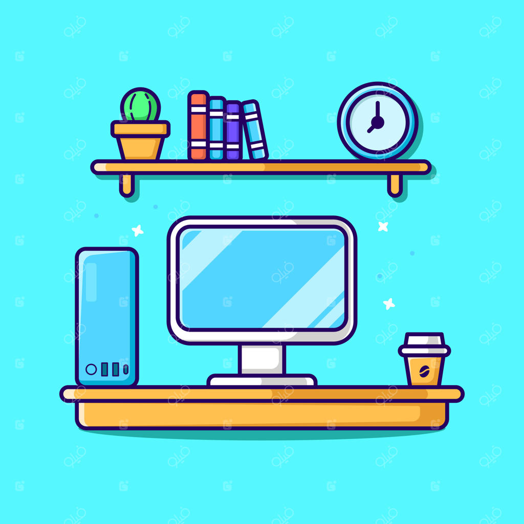 تصویر کارتونی میزکار با کامپیوتر، قهوه و کتاب. نماد فناوری در محیط کار. طراحی فلت و مدرن.