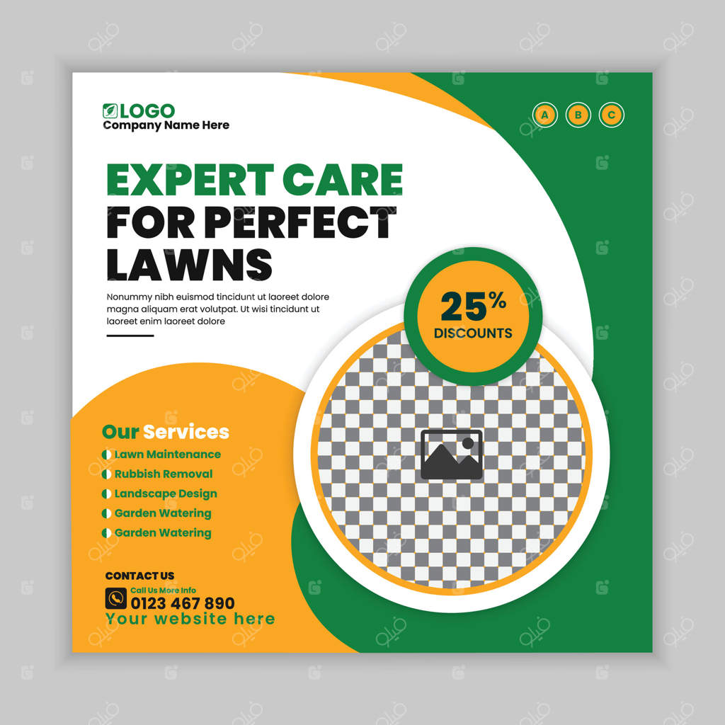 قالب طراحی بنر وب و بروشور برای خدمات نگهداری از چمن و باغچه‌های مسکونی