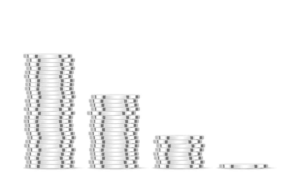 سکه‌های نقره‌ای: تصویر سه‌بعدی واقع‌گرایانه سکه‌های سفید دلار. تصویرسازی وکتور