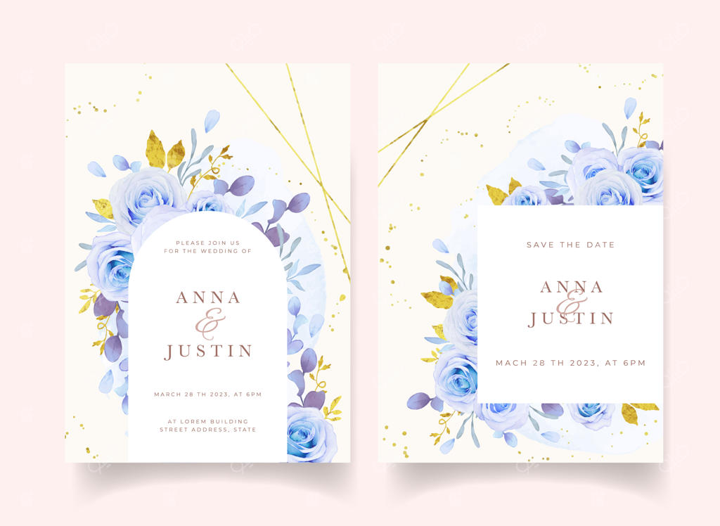 دعوت‌نامه عروسی با طرح گل‌های آبرنگی آبی