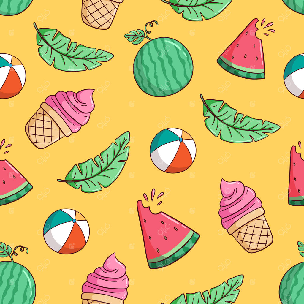 پترن یکپارچه با طرح دستی تابستانی شامل هندوانه، بستنی و برگ‌های موز