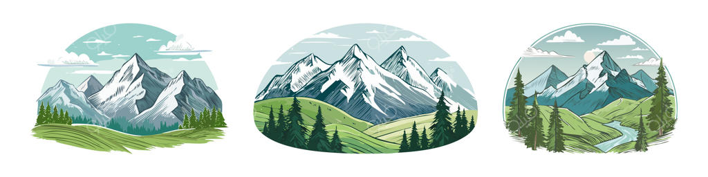 تصویر زیبا از کوهستان: قله‌های پوشیده از برف، جنگل سبز با درختان کاج، چمنزار سرسبز، آسمان آبی با ابرها، سبک مینیمال، منظره‌ای دلپذیر از آلپ، طراحی ماجراجویانه در طبیعت