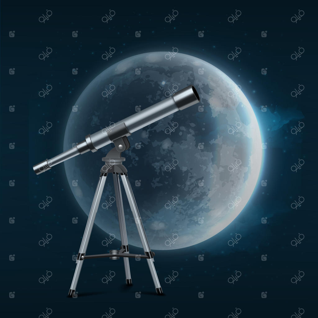 تصویری از تلسکوپ نقره‌ای روی سه‌پایه با ماه کامل در پس‌زمینه‌ای آبی و پرستاره