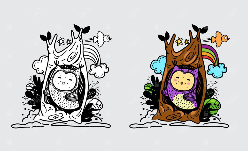 تصویرسازی جغد رنگی و سیاه و سفید برای کتاب رنگ‌آمیزی