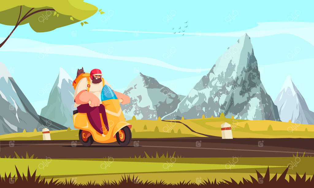 پوستر کارتونی موتور سیکلت با تصویر مرد موتورسوار بر روی اسکوتر - وکتور
