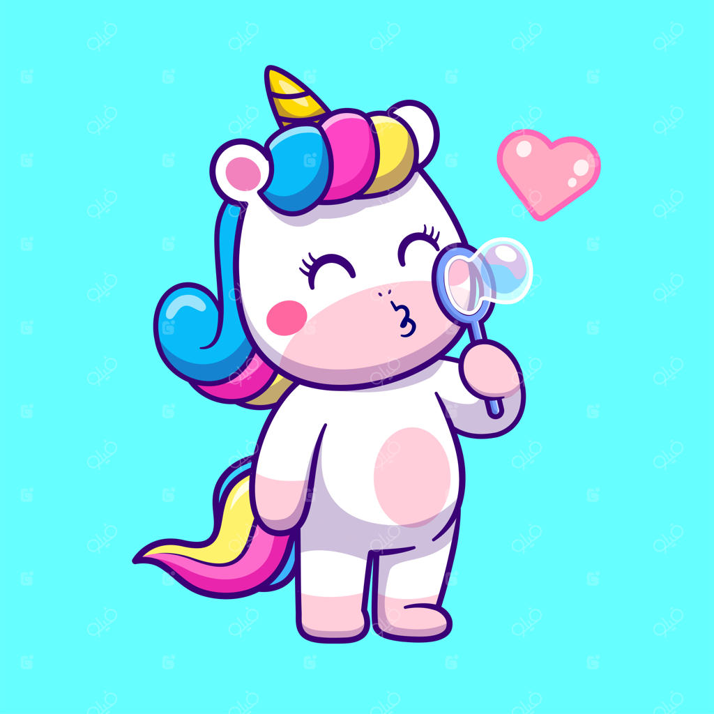 آیکون کارتونی شیک تک‌شاخ با حباب قلبی شکل. حیوان زیبا و طبیعت به صورت تخت و جدا شده