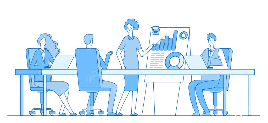 مفهوم جلسه کاری: ارائه بانو در جمع تیم. کنفرانس اداری افراد. پس‌زمینه موفقیت تیمی