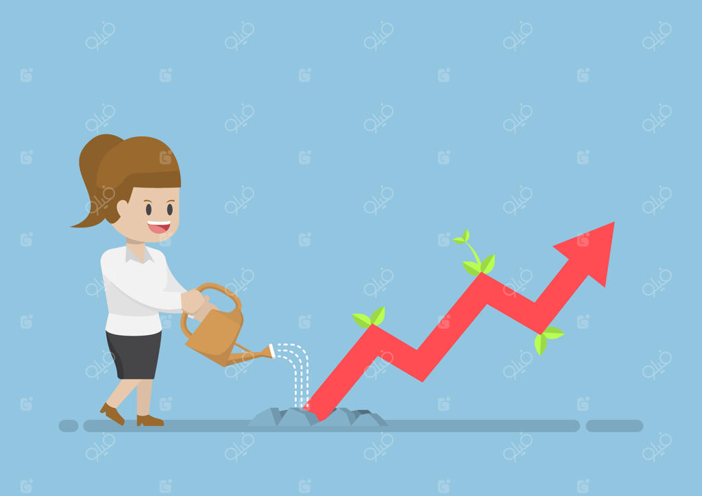 زن تاجری که نمودار کسب‌وکار را که از زمین رشد می‌کند، آبیاری می‌کند.