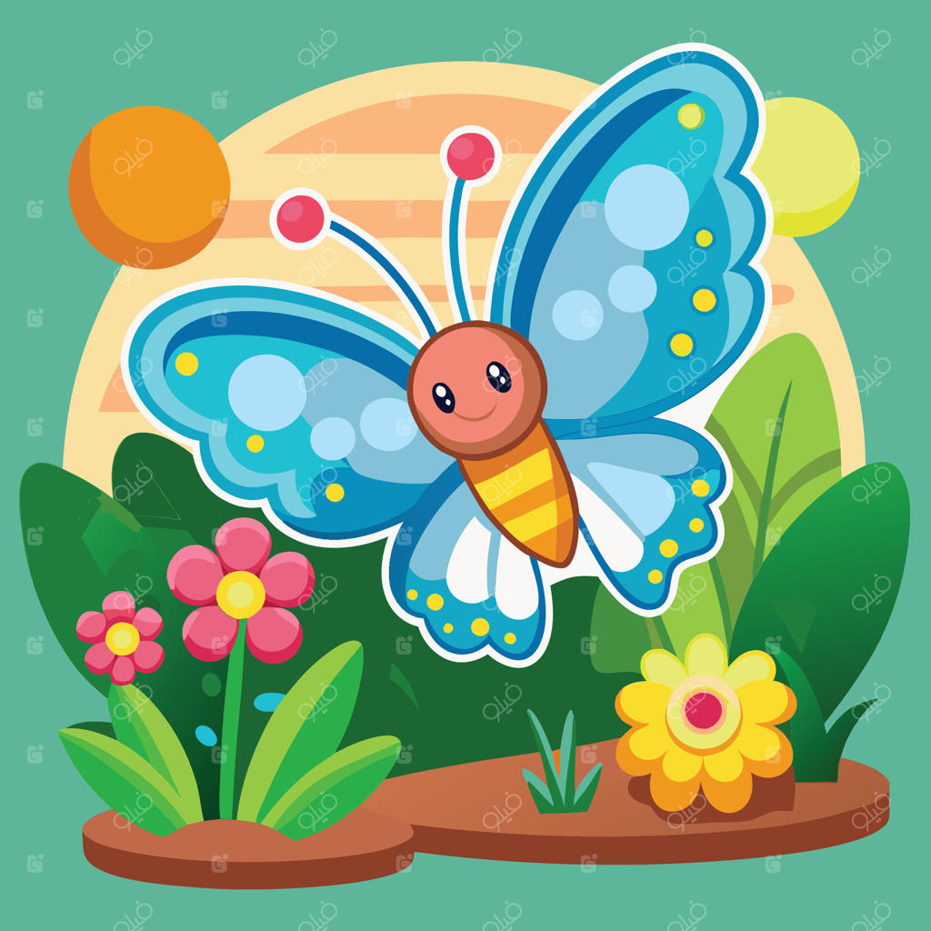 پروانه کارتونی خیالی که با زیبایی بر فراز باغی شکوفا پرواز می‌کند