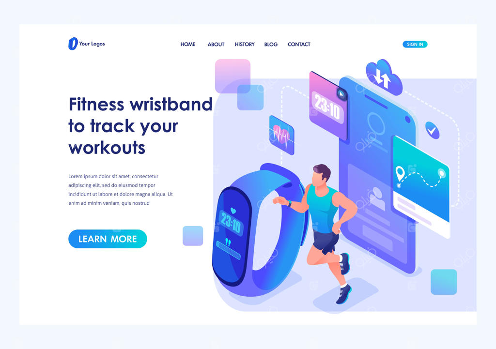 مفهوم ایزومتریک: مردی که با یک دستبند تناسب اندام دویده و تمرینات خود را پیگیری می‌کند. قالب صفحه فرود برای وب‌سایت
