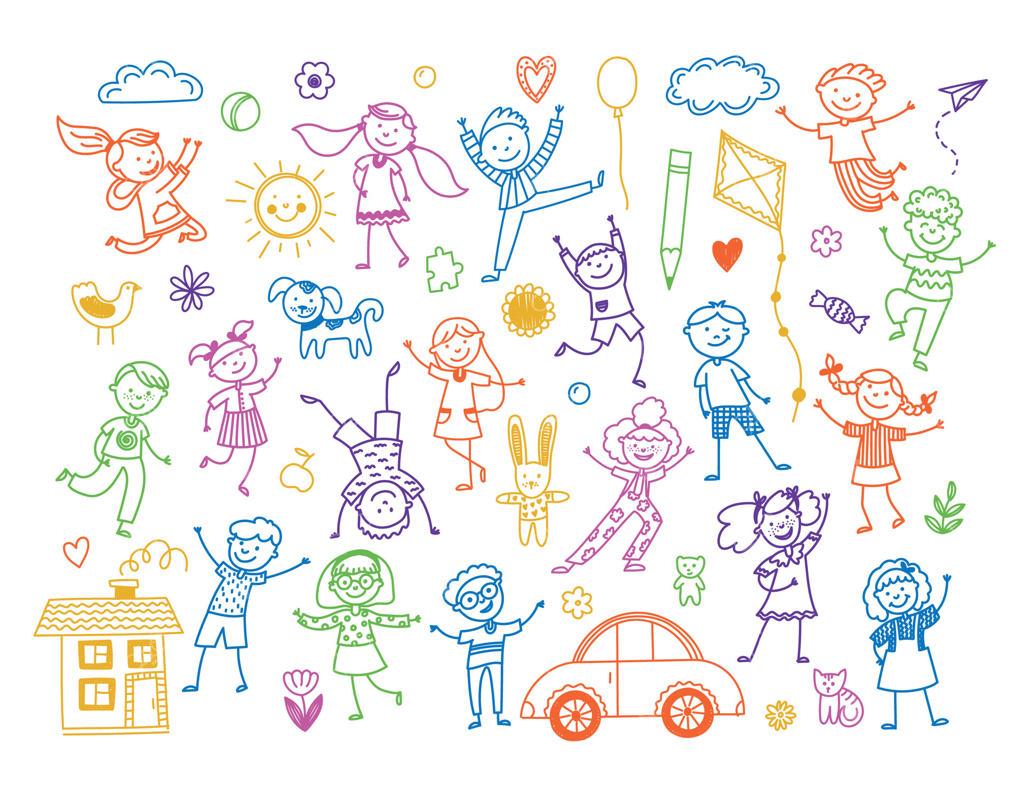 کودکان شاد و شیطان: طراحی‌های بامزه از بچه‌ها در حال بازی و لذت بردن، مفهوم احساسات کودکی، نقاشی‌های بامزه از پسران و دختران. مجموعه‌ای از طرح‌های نقاشی مدادی