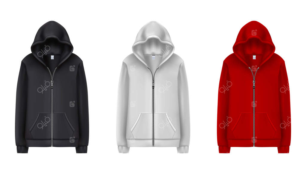 مجموعه‌ای از هودی‌های ورزشی سیاه، سفید و قرمز. تصویرسازی روی زمینه سفید.