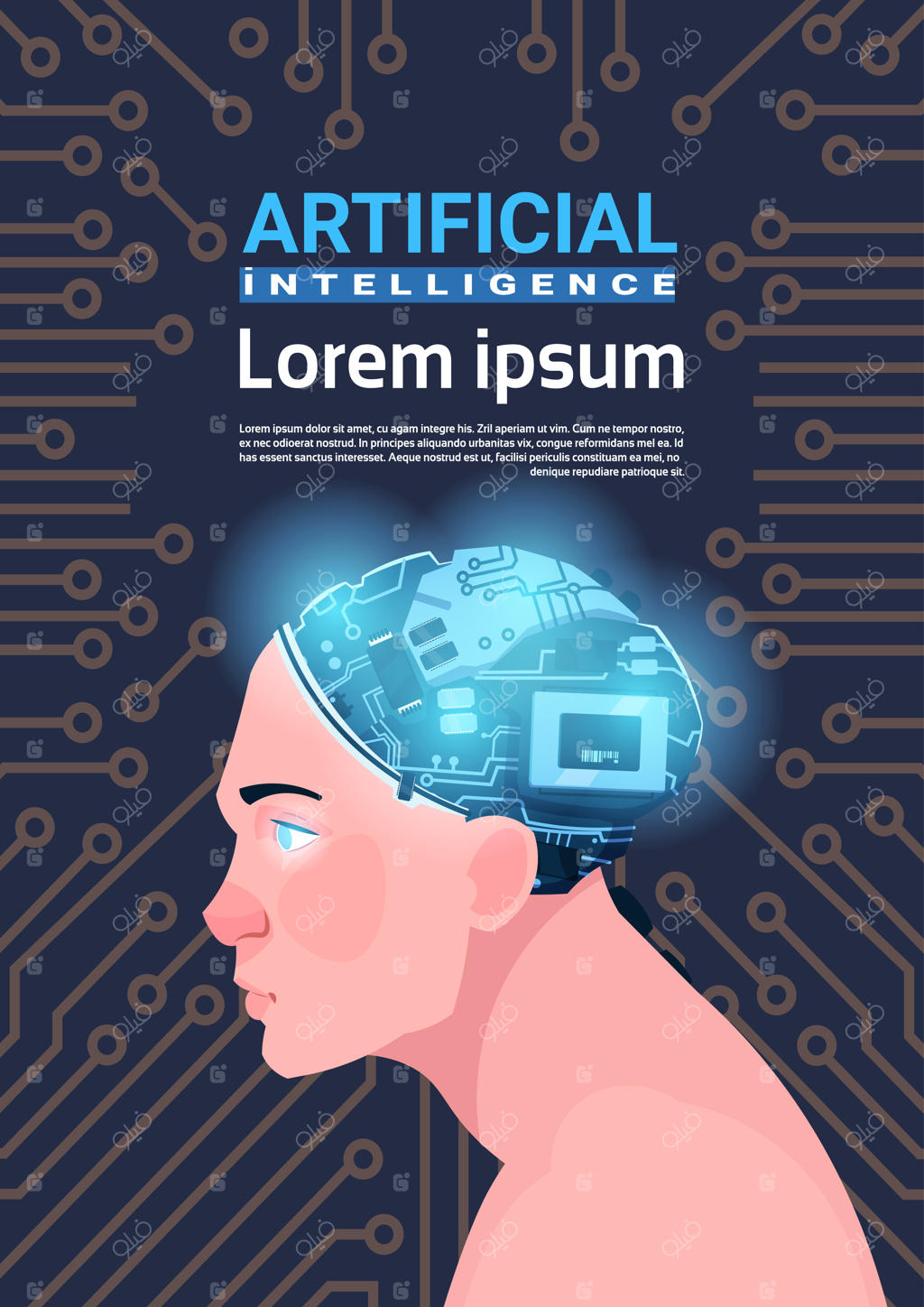تصویر عمودی سر مرد با مغز سایبورگ مدرن و پس‌زمینه مدارهای رایانه‌ای