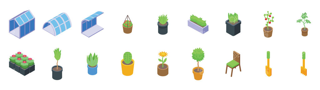 مجموعه آیکون‌های داخلی گلخانه ایزومتریک. باغ زمستانی