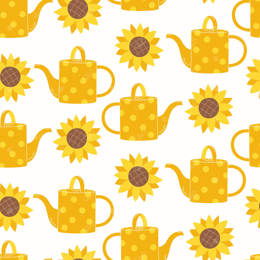 پترن یکپارچه با آفتابگردان و آب‌پاش زرد خال‌دار بر روی زمینه سفید