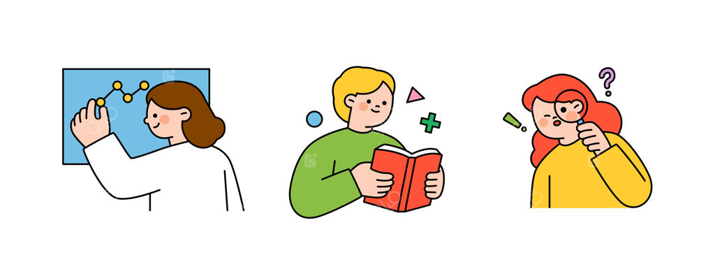 تصویرسازی مفهومی آموزش؛ دانش‌آموزان در حال تحلیل نمودار، مطالعه کتاب و انجام تحقیق