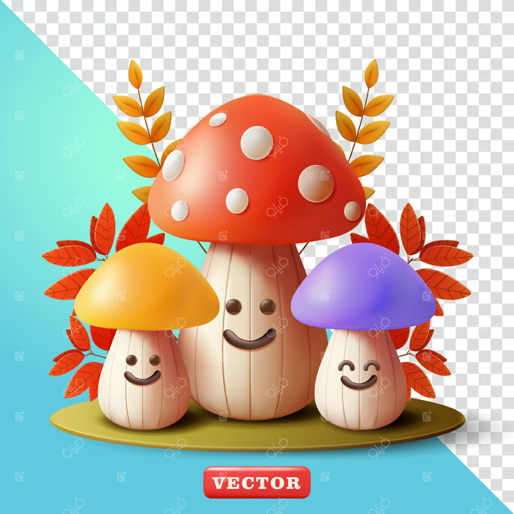 قارچ بامزه با برگ‌های پاییزی، سه‌بعدی. مناسب برای اجزای طراحی