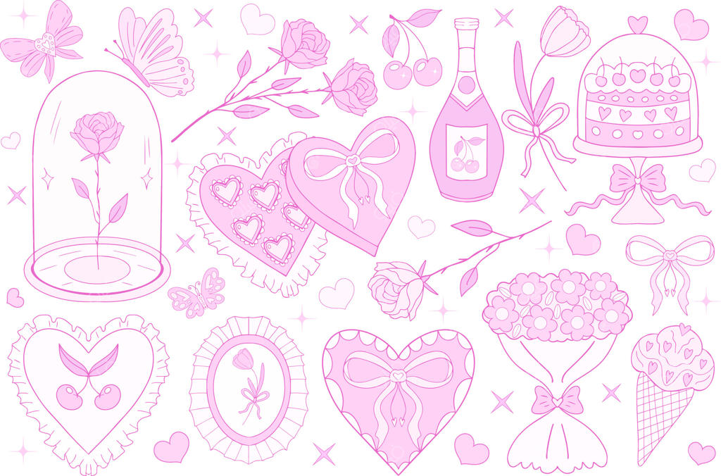 مجموعه بامزه روز ولنتاین. ست زیبای دخترانه با استایل ی2ک، اکسسوری‌های شیک وینتیج. مجموعه دوست‌داشتنی با گیلاس‌های قرمز، روبان صورتی، پاپیون، قلب و فرشته عشق. تصویرسازی